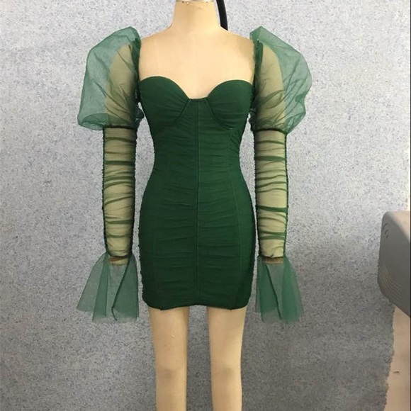 Emerald Mesh-Sleeve Corset Mini Dress | Luxe Holiday / NYE / Party Dress –Size M - Picture 9 of 16